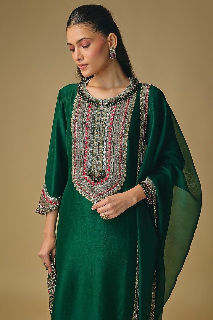 Bottle Green Silk Dori Embroidered Kurta Set by Prisho at Pernia's Pop Up Shop