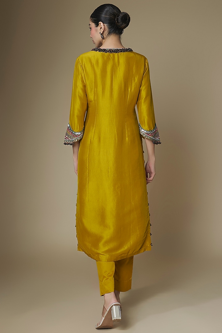 Mustard Silk Thread Work Kurta Set by Prisho at Pernia's Pop Up Shop
