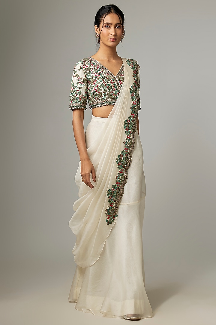 Ivory Silk & Organza Frilled Wedding Saree Set by Prisho at Pernia's Pop Up Shop