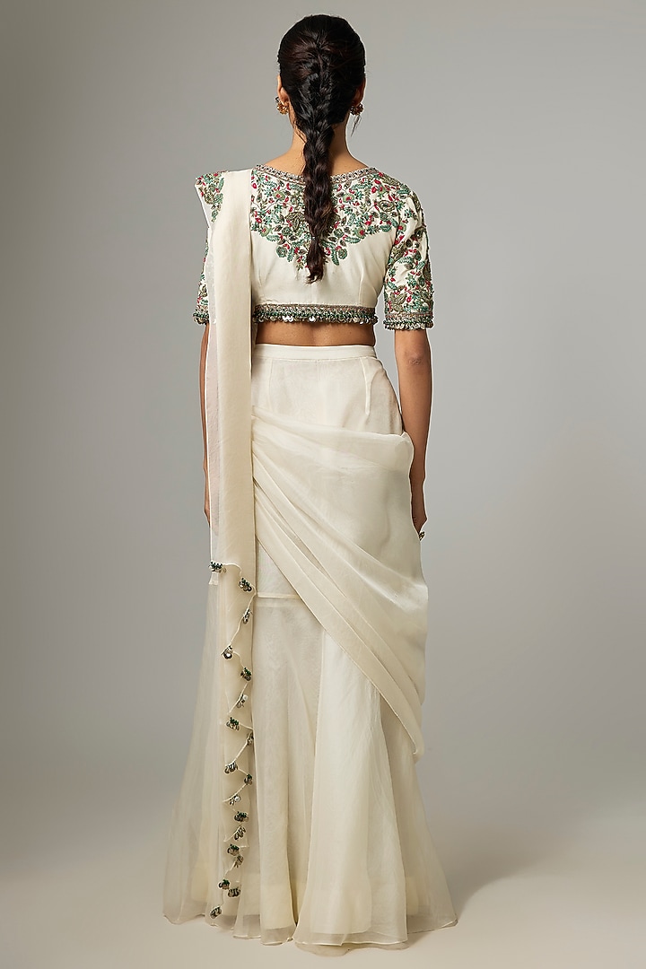 Ivory Silk & Organza Frilled Wedding Saree Set by Prisho at Pernia's Pop Up Shop
