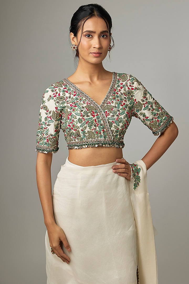 Ivory Silk & Organza Frilled Wedding Saree Set by Prisho at Pernia's Pop Up Shop