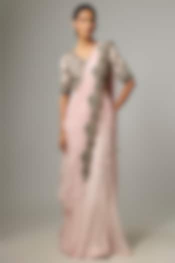 Flamingo Pink Silk & Organza Frilled Wedding Saree Set by Prisho at Pernia's Pop Up Shop