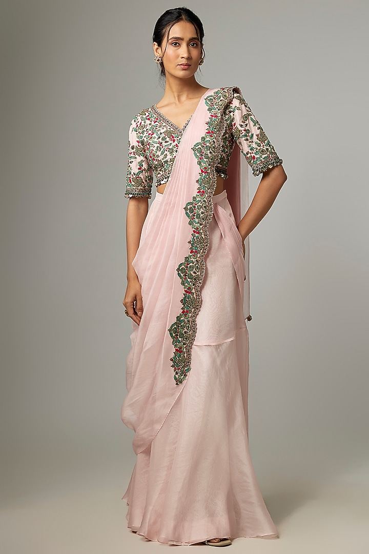Flamingo Pink Silk & Organza Frilled Wedding Saree Set by Prisho at Pernia's Pop Up Shop