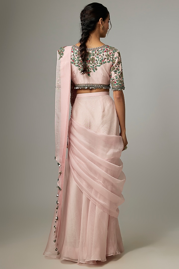 Flamingo Pink Silk & Organza Frilled Wedding Saree Set by Prisho at Pernia's Pop Up Shop