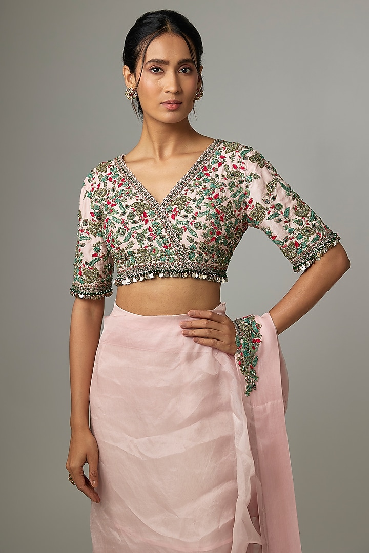 Flamingo Pink Silk & Organza Frilled Wedding Saree Set by Prisho at Pernia's Pop Up Shop