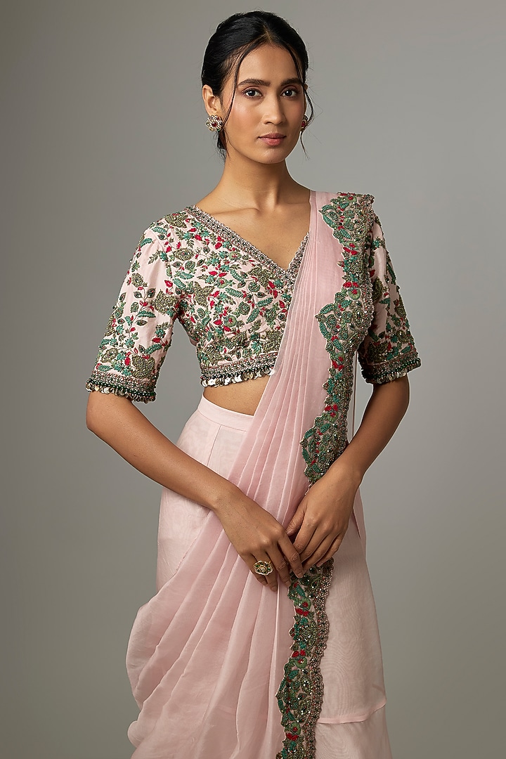 Flamingo Pink Silk & Organza Frilled Wedding Saree Set by Prisho at Pernia's Pop Up Shop