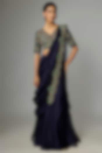 Royal Blue Silk & Organza Frilled Wedding Saree Set by Prisho at Pernia's Pop Up Shop