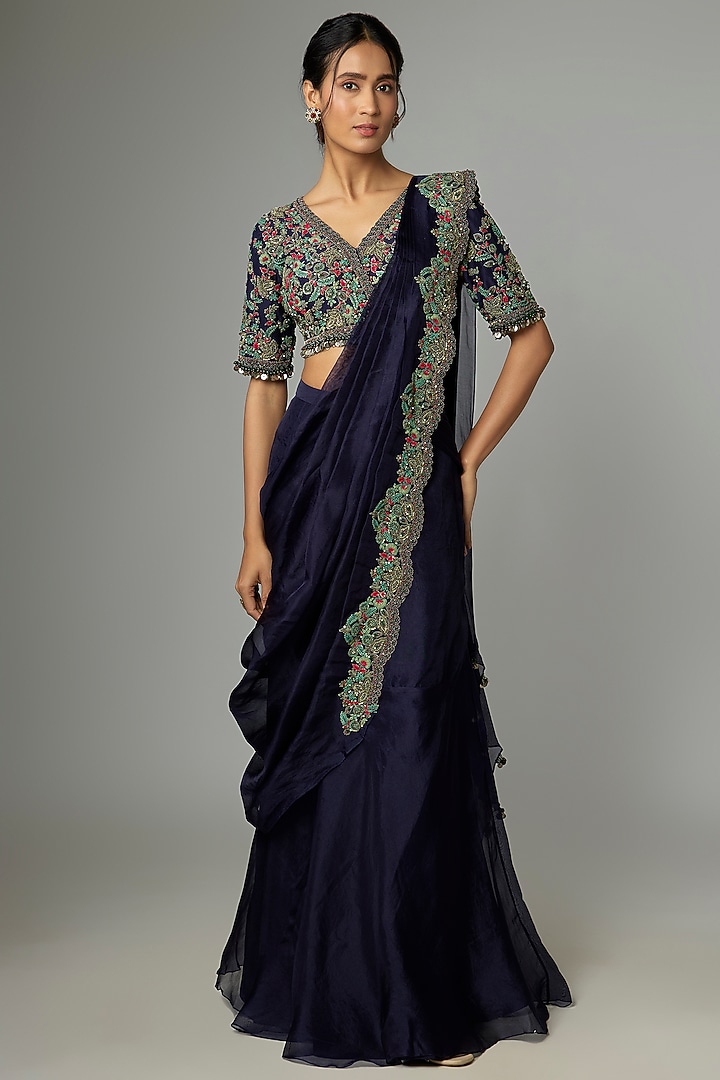 Royal Blue Silk & Organza Frilled Wedding Saree Set by Prisho at Pernia's Pop Up Shop
