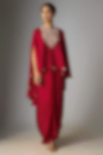 Red Silk Gota Work Umbrella Kaftan Set by Prisho at Pernia's Pop Up Shop