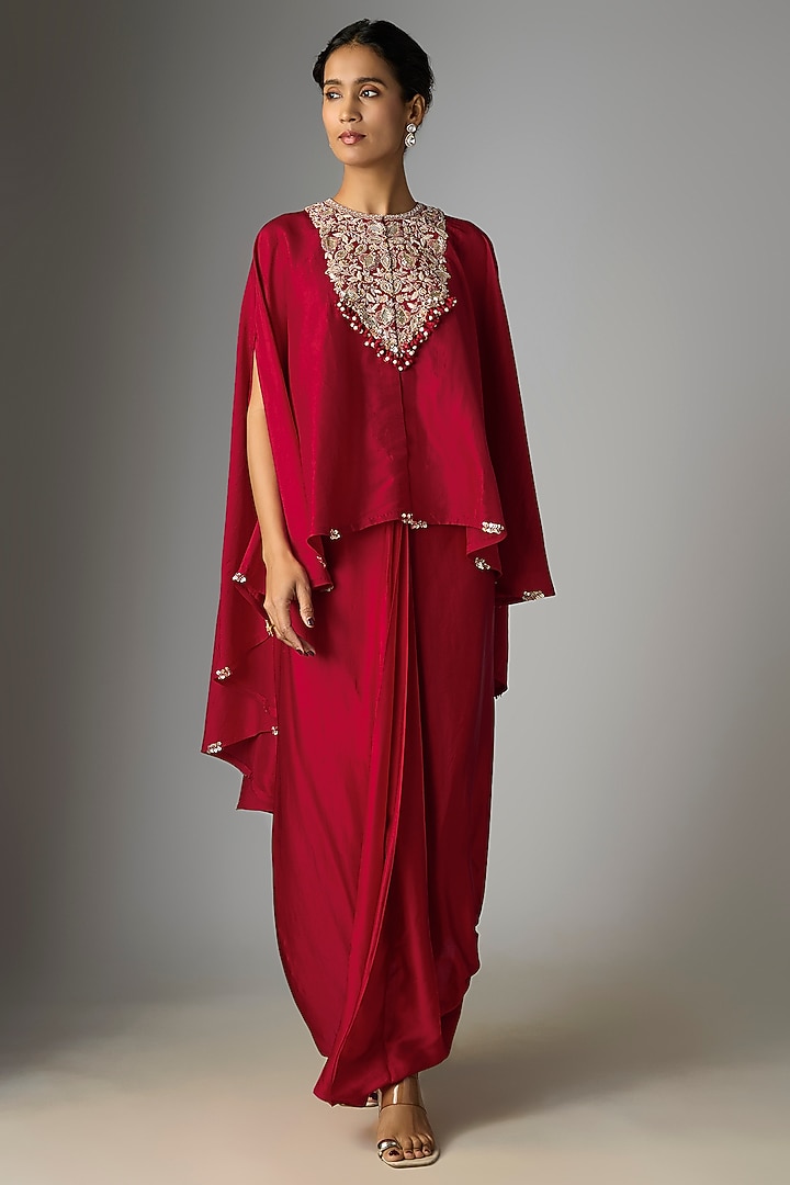 Red Silk Gota Work Umbrella Kaftan Set by Prisho at Pernia's Pop Up Shop