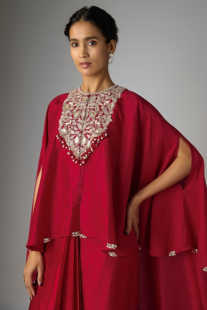 Red Silk Gota Work Umbrella Kaftan Set by Prisho at Pernia's Pop Up Shop
