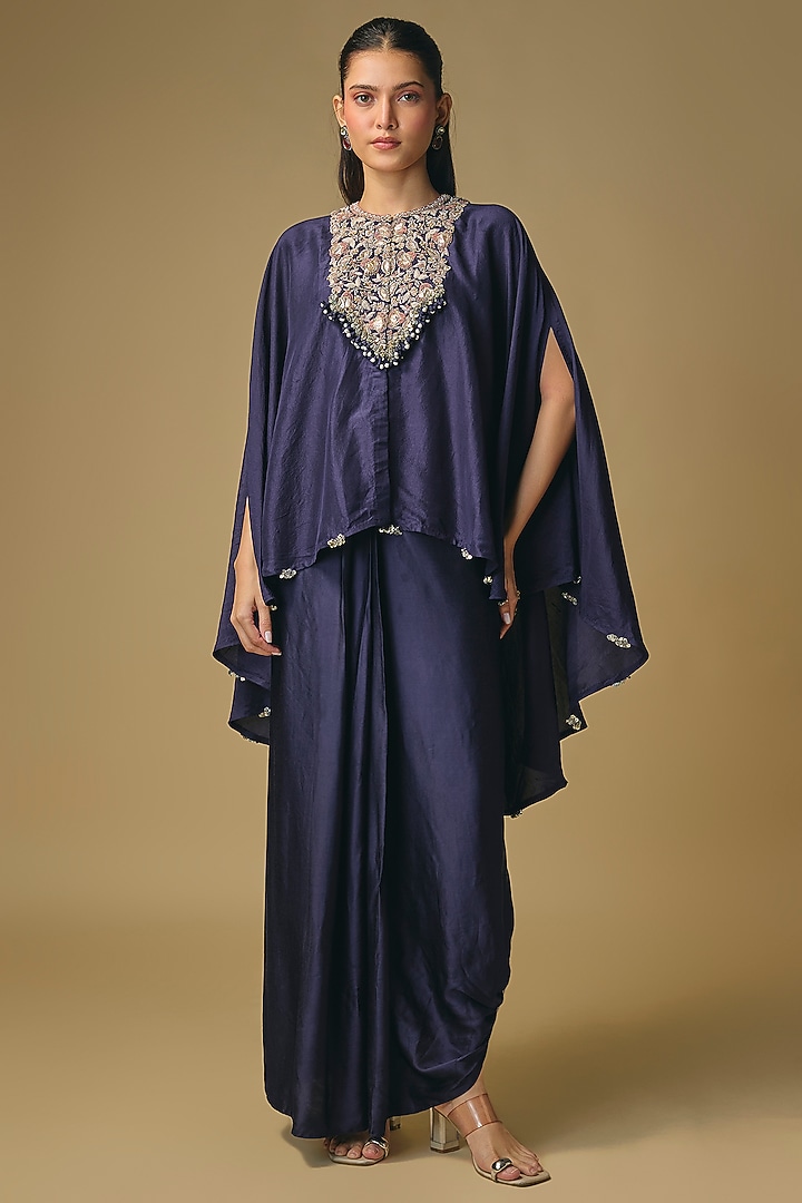 Dark Purple Silk Gota Work Umbrella Kaftan Set by Prisho at Pernia's Pop Up Shop