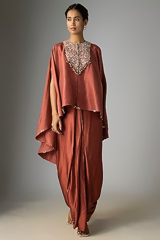 Deep Orange Silk Gota Work Umbrella Kaftan Set by Prisho