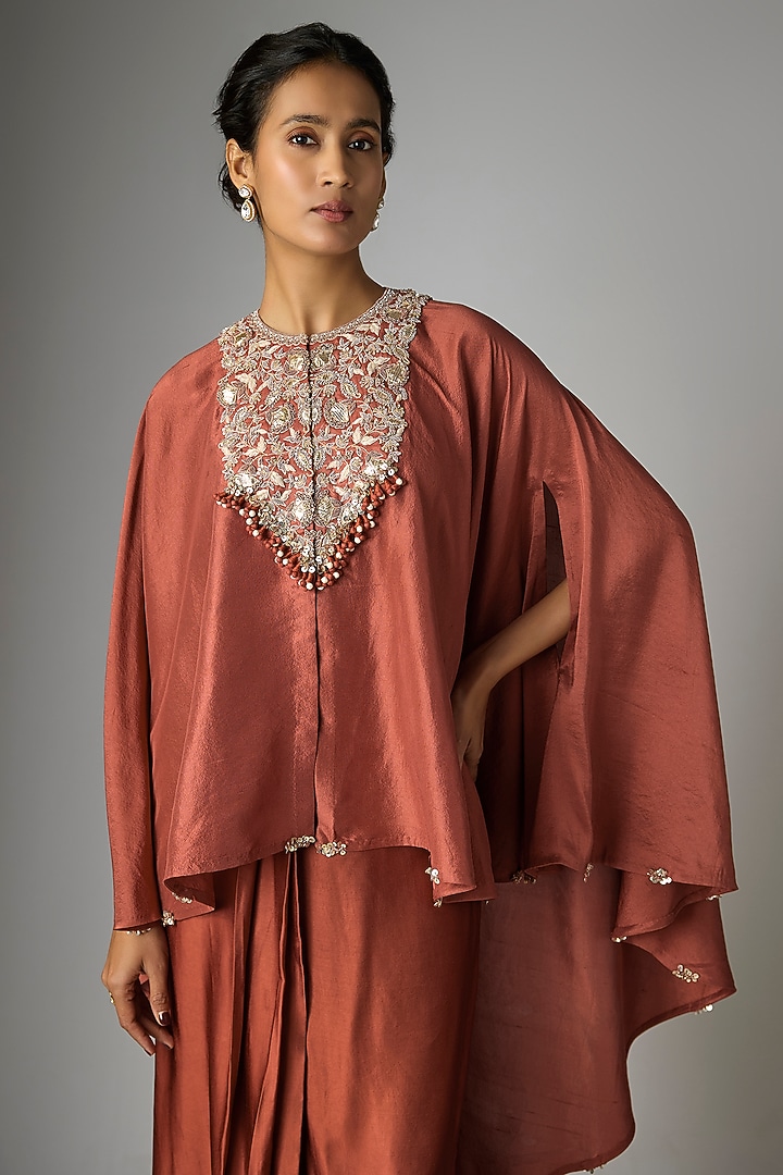 Deep Orange Silk Gota Work Umbrella Kaftan Set by Prisho at Pernia's Pop Up Shop