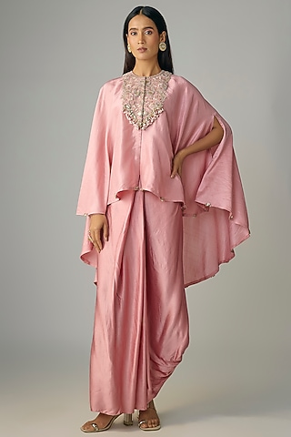 Flamingo Pink Silk Gota Work Kaftan Set by Prisho