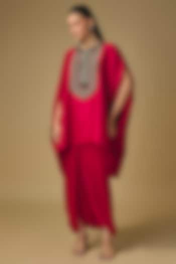 Red Silk Thread Work Kaftan Set by Prisho at Pernia's Pop Up Shop