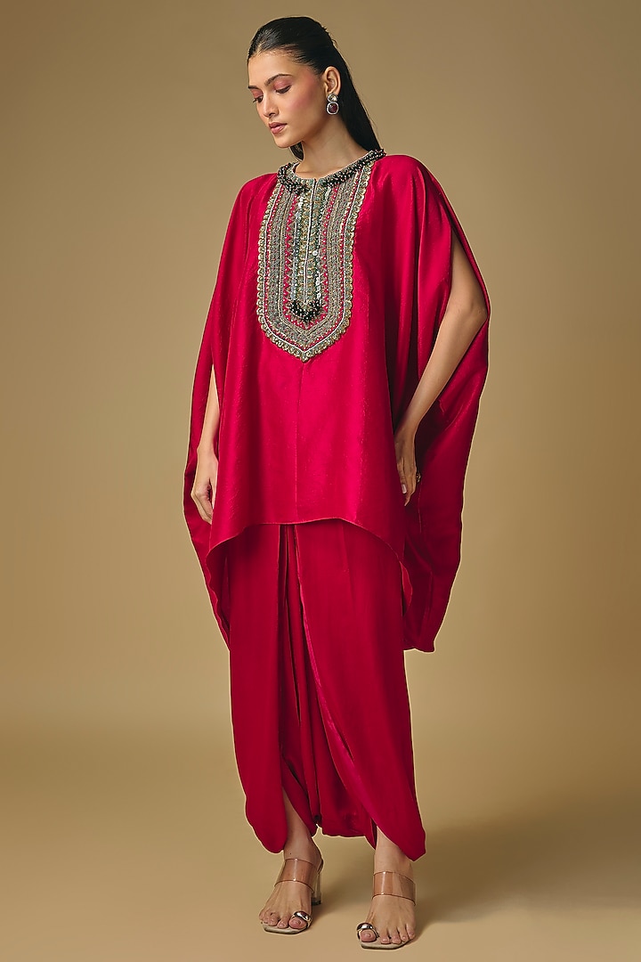 Red Silk Thread Work Kaftan Set by Prisho at Pernia's Pop Up Shop