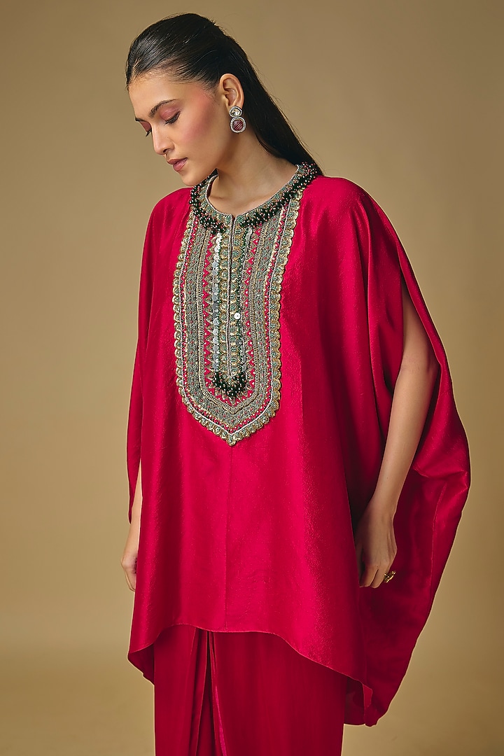 Cherry Red Silk Thread Embroidered Kaftan Set by Prisho at Pernia's Pop Up Shop