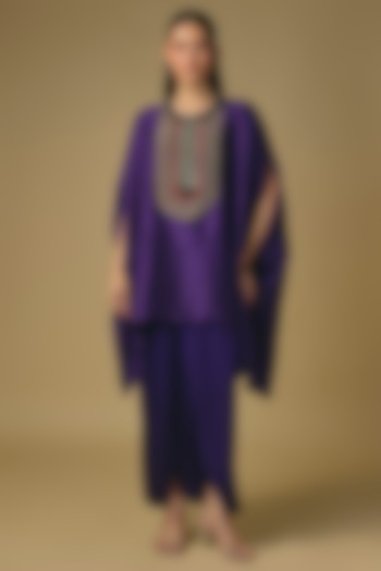 Dark Purple Silk Thread Work Kaftan Set by Prisho at Pernia's Pop Up Shop
