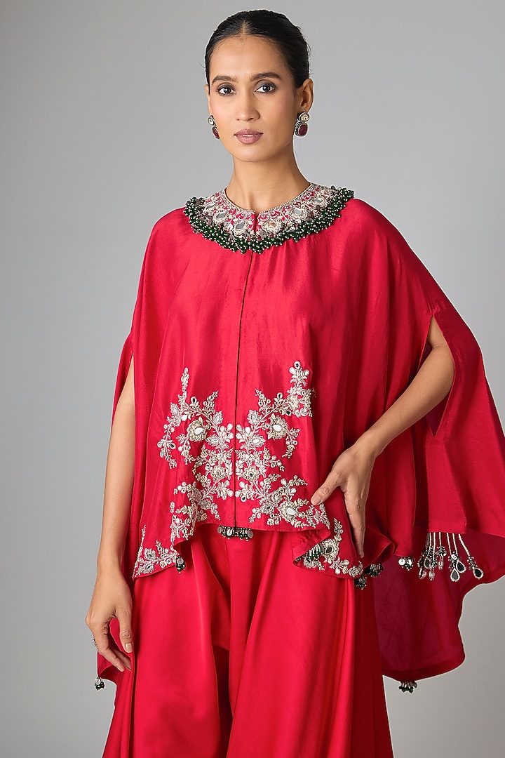 Red Silk Mirror Work Kaftan Set by Prisho at Pernia's Pop Up Shop