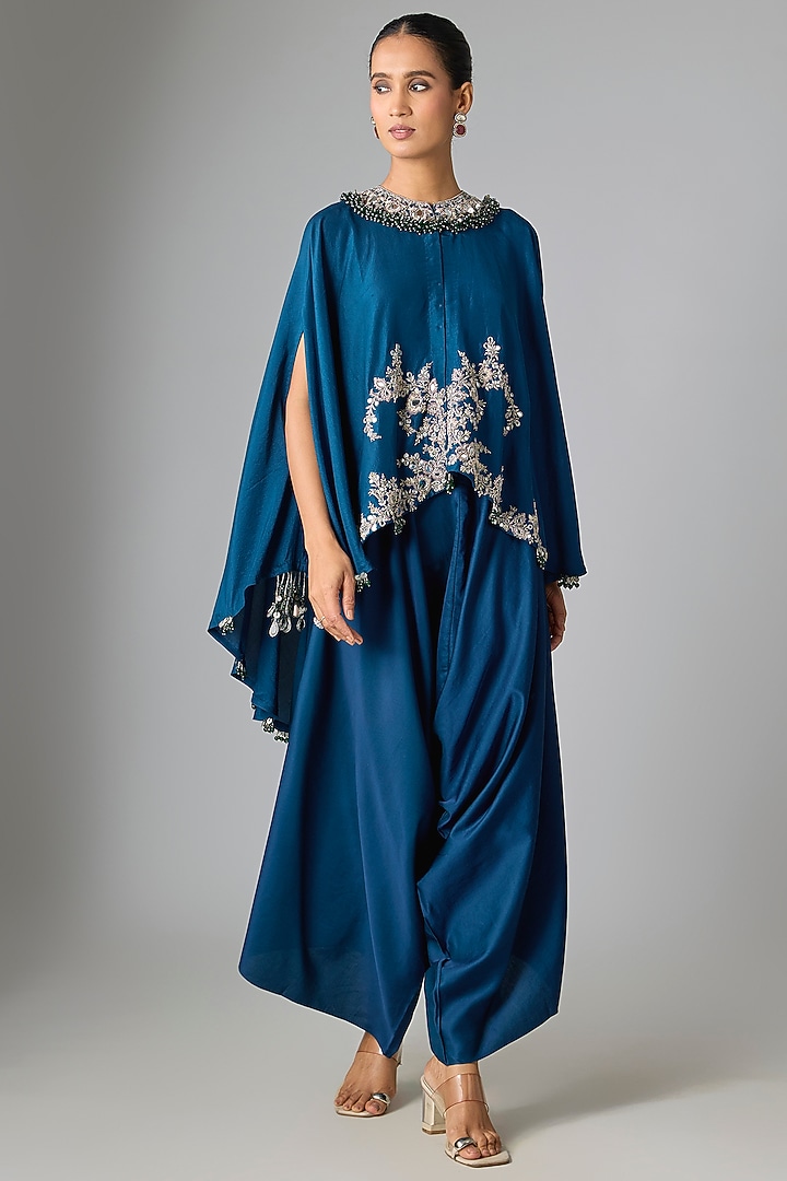Blue Silk Mirror Work Kaftan Set by Prisho at Pernia's Pop Up Shop