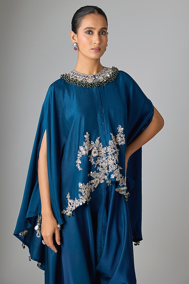 Blue Silk Mirror Work Kaftan Set by Prisho at Pernia's Pop Up Shop