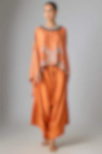Rust Silk Mirror Work Kaftan Set by Prisho at Pernia's Pop Up Shop