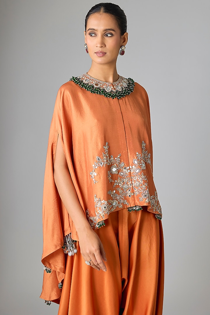 Rust Silk Mirror Work Kaftan Set by Prisho at Pernia's Pop Up Shop