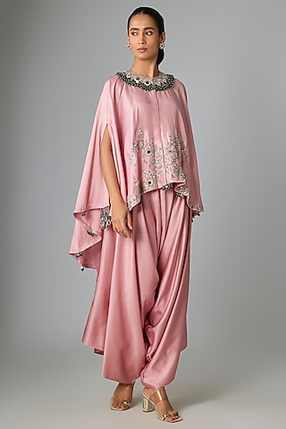 Flamingo Pink Silk Mirror Work Kaftan Set by Prisho
