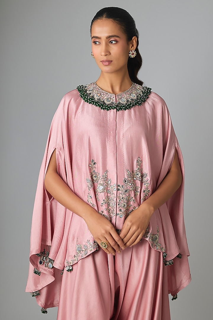 Flamingo Pink Silk Mirror Work Kaftan Set by Prisho at Pernia's Pop Up Shop