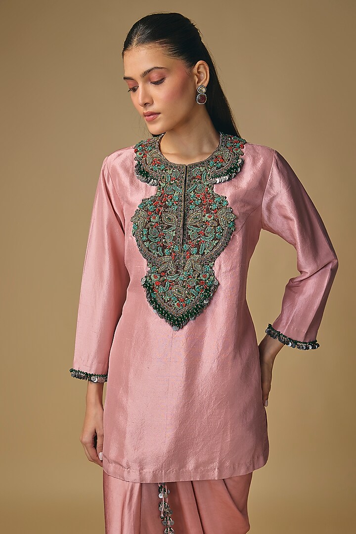 Dark Flamingo Silk Thread Work Kurta Set by Prisho at Pernia's Pop Up Shop