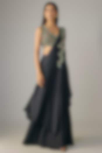 Black Silk Dori Work Draped Skirt Set by Prisho at Pernia's Pop Up Shop