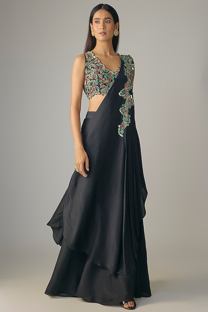 Black Silk Dori Work Draped Skirt Set by Prisho at Pernia's Pop Up Shop