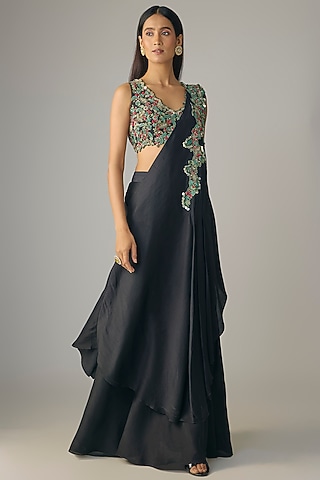 Black Silk Dori Work Draped Skirt Set by Prisho