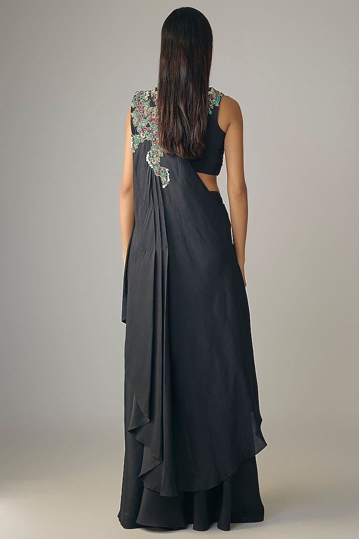 Black Silk Dori Work Draped Skirt Set by Prisho at Pernia's Pop Up Shop