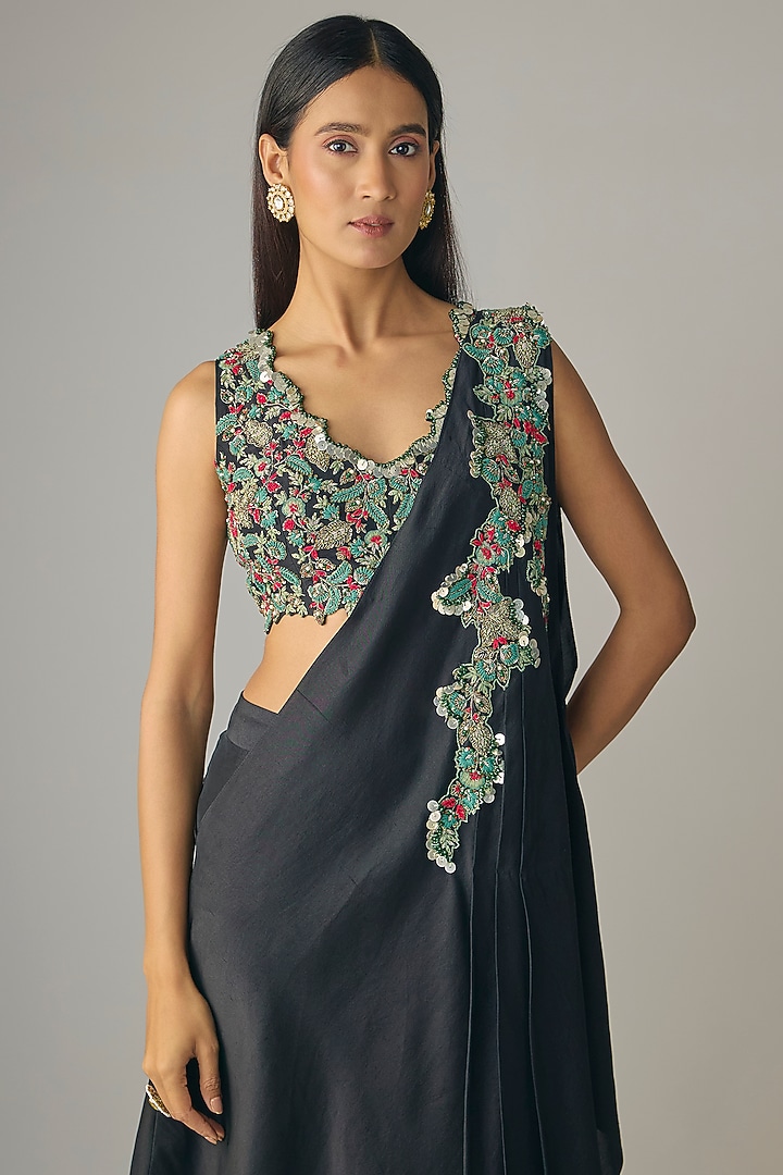 Black Silk Dori Work Draped Skirt Set by Prisho at Pernia's Pop Up Shop