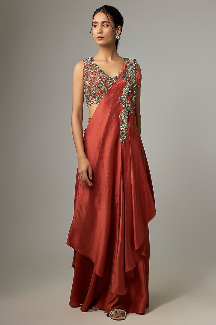 Deep Orange Silk Draped Skirt Wedding Saree Set by Prisho at Pernia's Pop Up Shop