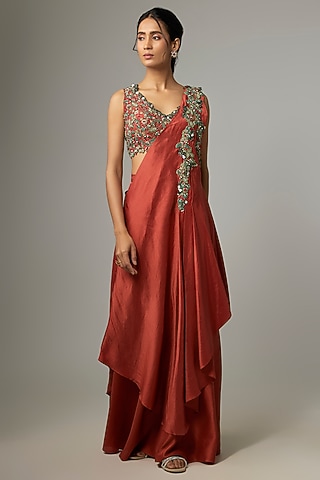 Deep Orange Silk Draped Skirt Saree Set by Prisho