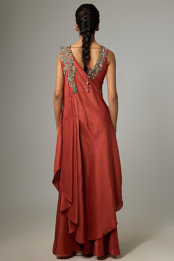 Deep Orange Silk Draped Skirt Wedding Saree Set by Prisho at Pernia's Pop Up Shop