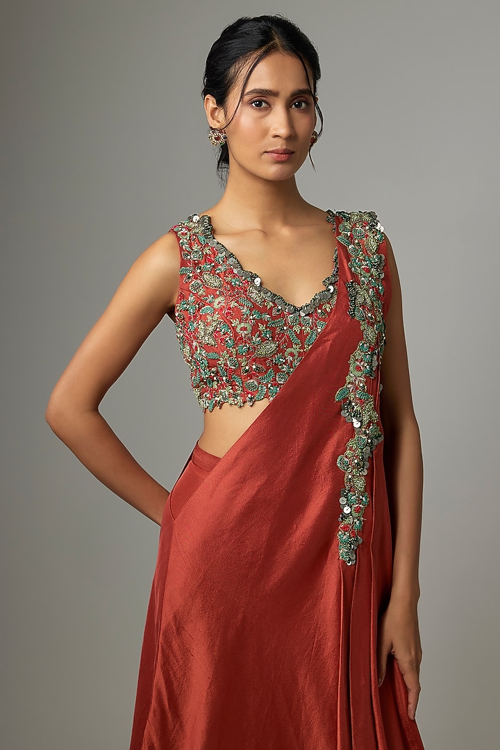 Deep Orange Silk Draped Skirt Wedding Saree Set by Prisho at Pernia's Pop Up Shop