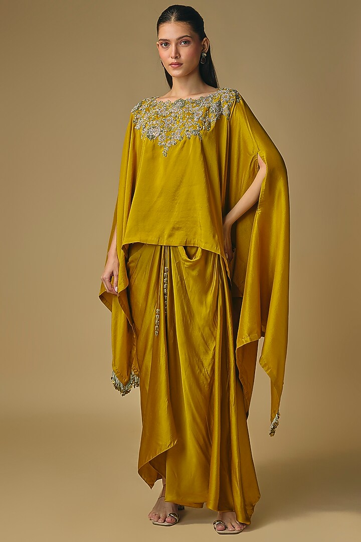 Mustard Silk Resham Work A-Line Kaftan Set by Prisho at Pernia's Pop Up Shop