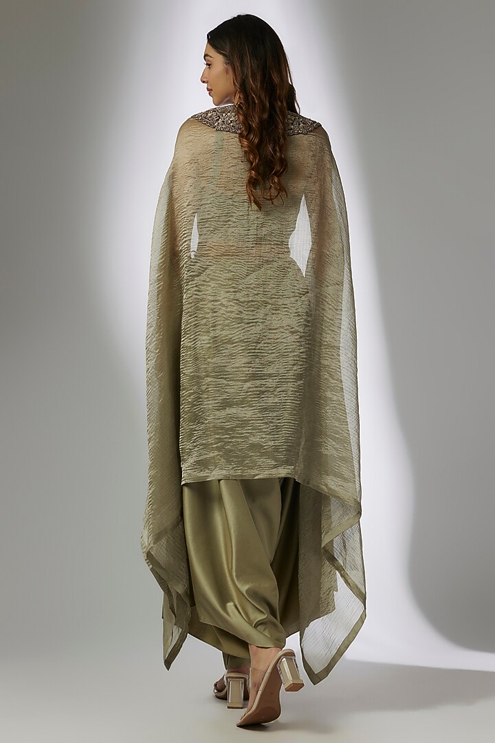 Green Crushed Tissue Maal Work Kaftan Set by Prisho at Pernia's Pop Up Shop