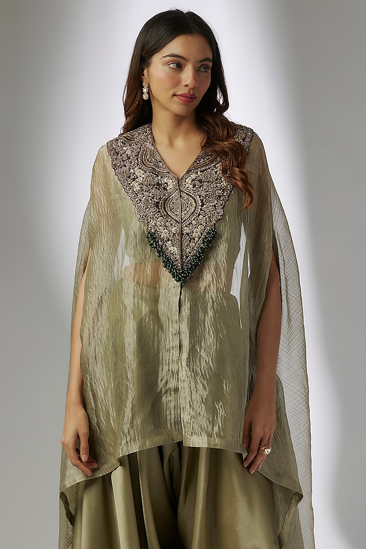 Green Crushed Tissue Maal Work Kaftan Set by Prisho at Pernia's Pop Up Shop