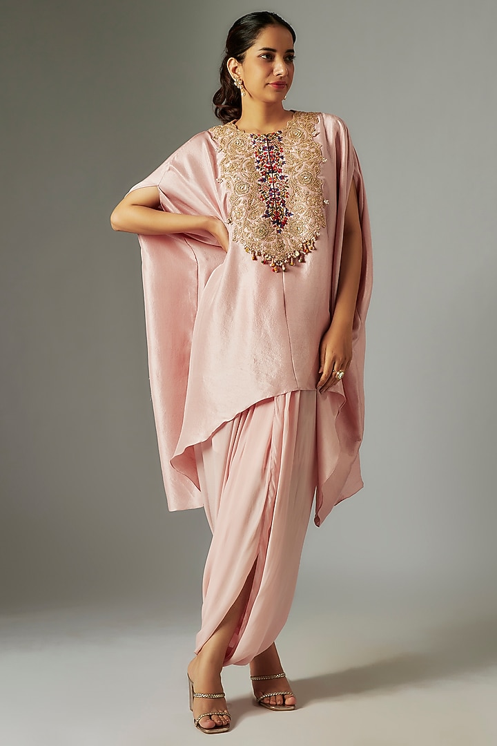Blush Pink Silk Dori Work Kaftan Set by Prisho at Pernia's Pop Up Shop