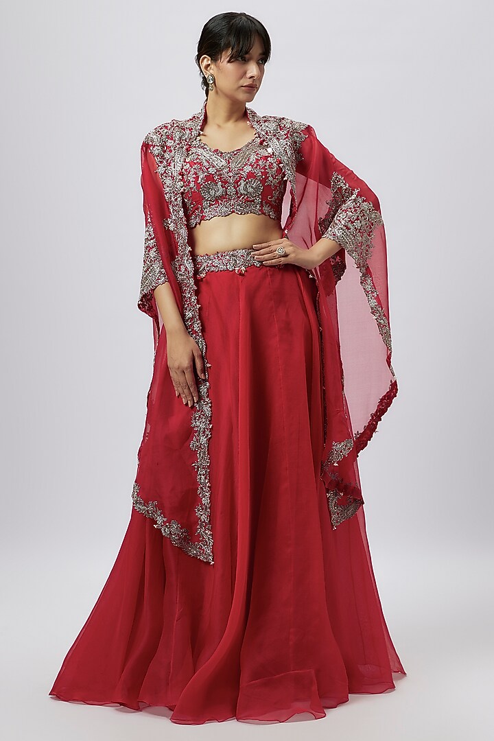 Red Organza Zari Work Skirt Set by Prisho at Pernia's Pop Up Shop