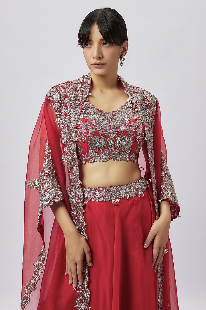 Red Organza Zari Work Skirt Set by Prisho at Pernia's Pop Up Shop