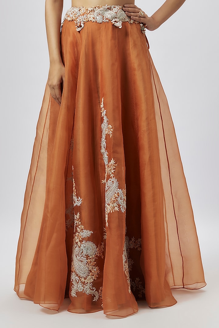 Rust Organza Resham Work Skirt Set by Prisho at Pernia's Pop Up Shop
