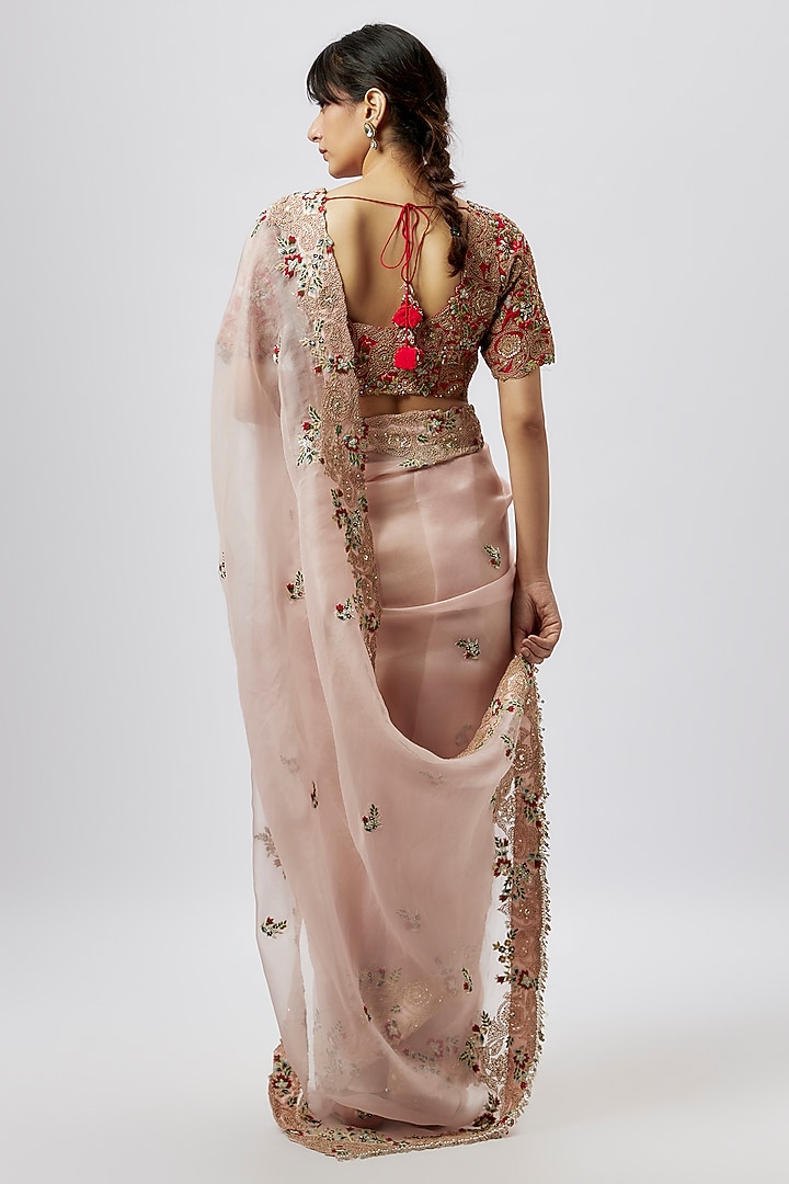 Flamingo Pink Organza Dori Work Reception Saree Set by Prisho at Pernia's Pop Up Shop