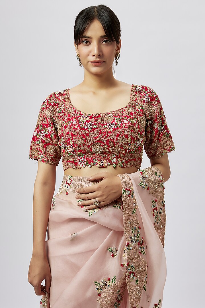 Flamingo Pink Organza Dori Work Reception Saree Set by Prisho at Pernia's Pop Up Shop