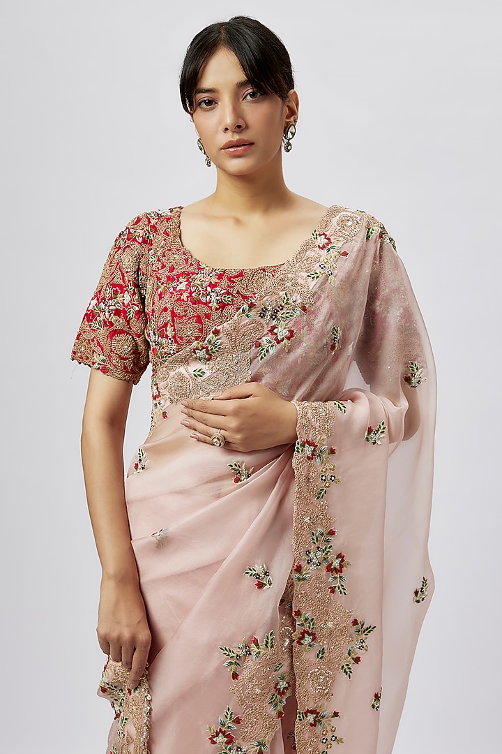 Flamingo Pink Organza Dori Work Reception Saree Set by Prisho at Pernia's Pop Up Shop